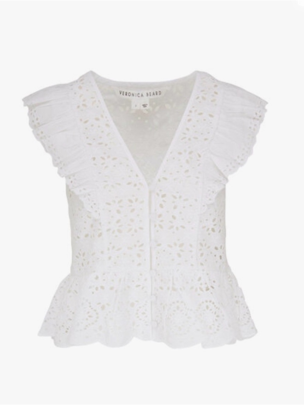 Veronica Beard White Eyelet Peplum Ruffle V-Neck Blouse